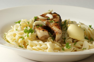 pasta with grilled salmon steak and butter