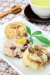 Three kinds of boiled rice with assorted mixtures(okowa)