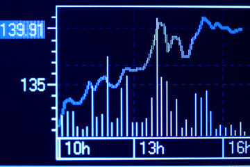 Business graphs on the monitor.