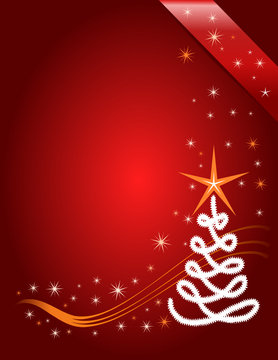 Abstract christmas tree, red background with stars