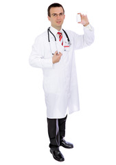 Friendly medical doctor with blank pill's bottle