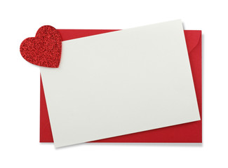 Red paper envelope with white card and heart