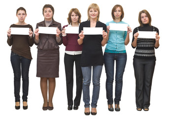 Obraz premium Six women stand in studio.
