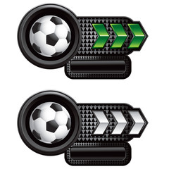 Soccer ball on green and white arrow nameplate banners