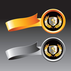 Lion shield on orange and gray ribbons