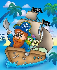 Poster Im Rahmen Cartoon-Pirat segelt auf Schiff © Klara Viskova