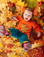 Girl child in autumn orange leaves.
