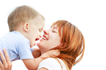 happy mother and son over white