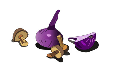 Two onions, three mushrooms on a white background with shades