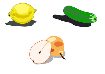 Lemon, cucumber, pears on a white background with shades