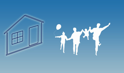 House with family silhouette on blue background