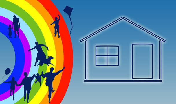 House with family silhouette on rainbow background© zzoplanet