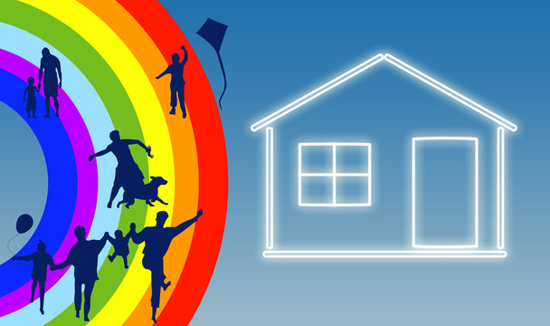 House with family silhouette on rainbow background© zzoplanet