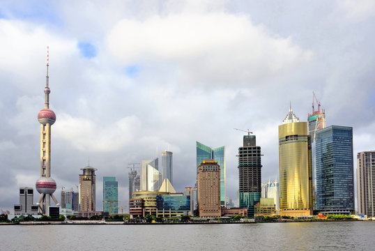 China Shanghai Pudong riverfront buildings and the pearl tower