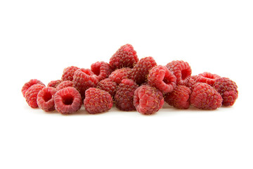 stacked fresh raspberries over white background