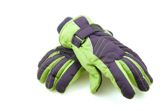 pair of colorful ski gloves over white background