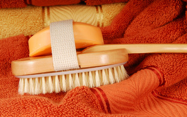 Wash brush and soap with towels
