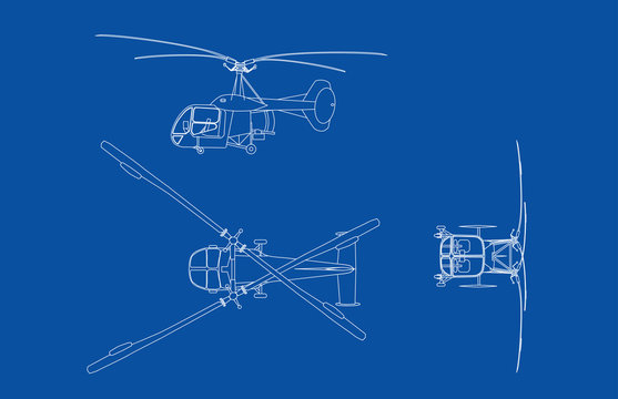 Blue Print Illustration Of Old Bell Helicopter