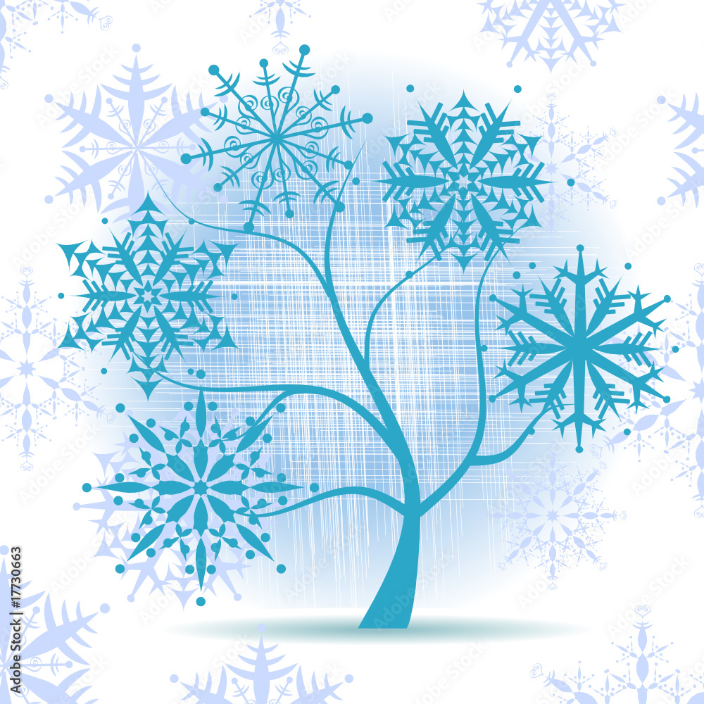 Wall mural winter tree, snowflakes. christmas holiday.