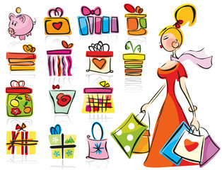 Set of gifts and shopping woman