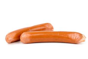 Sausages wrapped in plastic cover. Isolated on white background