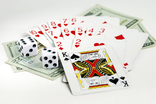 Gamble with playing cards and two dices