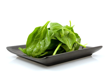 Fresh spinach on black plate over white background