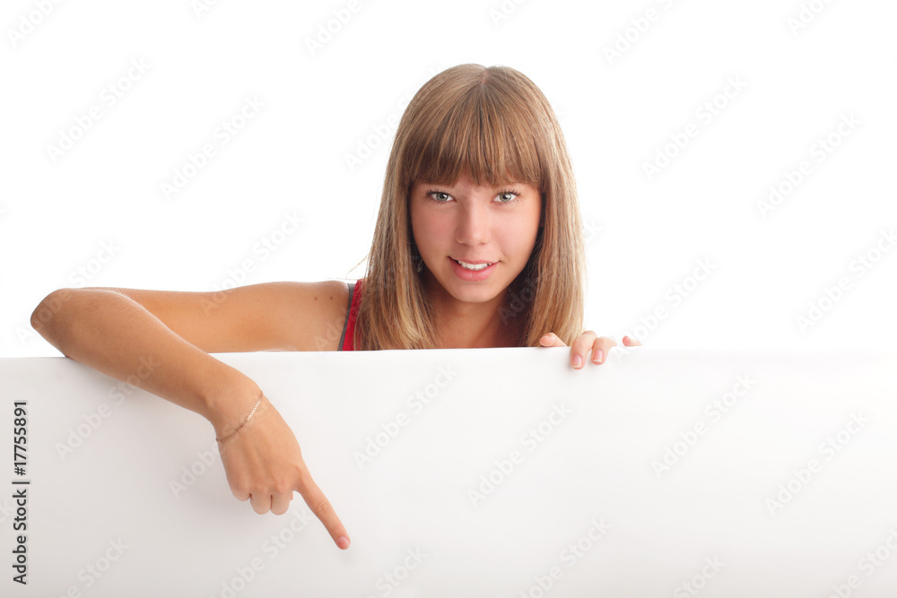 Wall mural Beautiful woman with empty blank