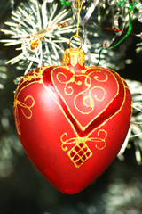 close-up christmas decorations on fir-tree branch