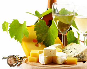 Various types of cheese and wine