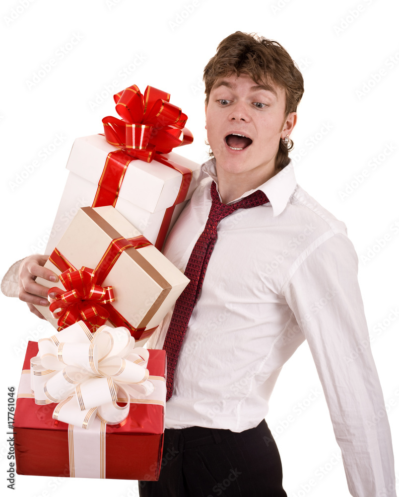 Wall mural business man with group christmas gift box. isolated.