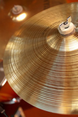 close-up of cymbals on a drum kit