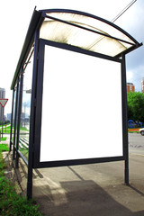 empty advertisers place on a cuty bus shelter.