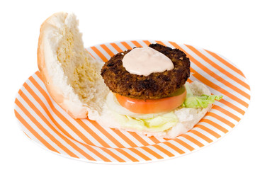Hamburger on a stiped plate