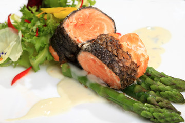 Rosemary roasted salmon served with asparagus