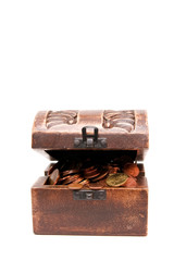 A wooden ancient chest full of money