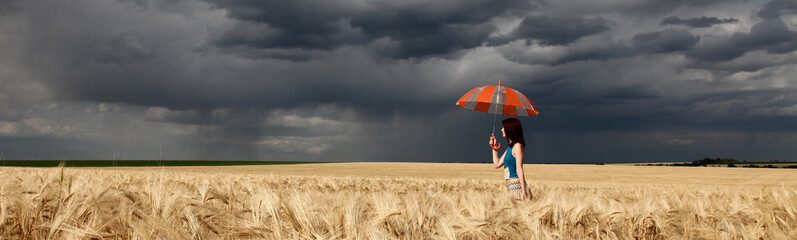 Girl with umbrella at field. Panoramic photo.