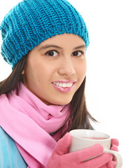 girl drinking tea during winter