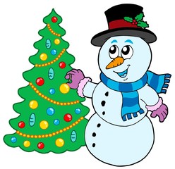 Snowman decorating Christmas tree