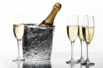 Champagne flutes and ice bucket