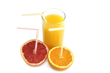 Orange juice with slices of fresh citruses isolated over white.