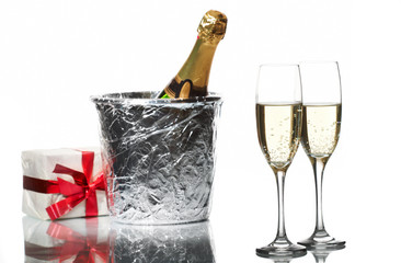 Champagne flutes and ice bucket
