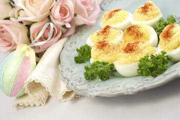 Deviled Eggs with Easter Plate and Decorations