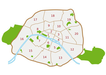 Les arrondissements et parcs de Paris