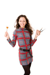 Young Makeup artist holding brushes isolated on white