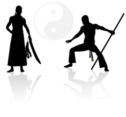 Two japanese warriors before fight