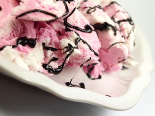 Strawberries ice cream with molten chocolate