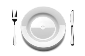 Empty plate with fork and knife.