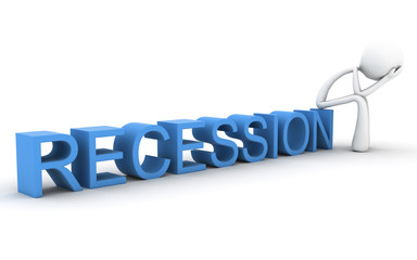 3D Character with head in hands, sitting on the word Recession