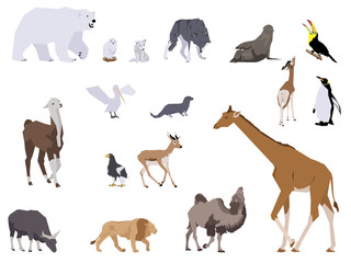 set of wild animals, collage style drawing
